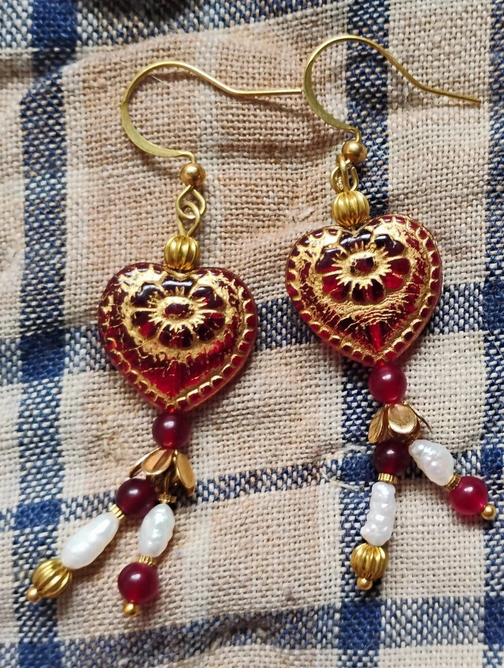Romantic Red Heart Earrings with Ruby and Pearls
